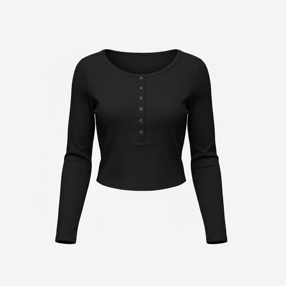 Blooming Jelly Long-Sleeve Cropped Henley Top With Snap Buttons Black Size XL